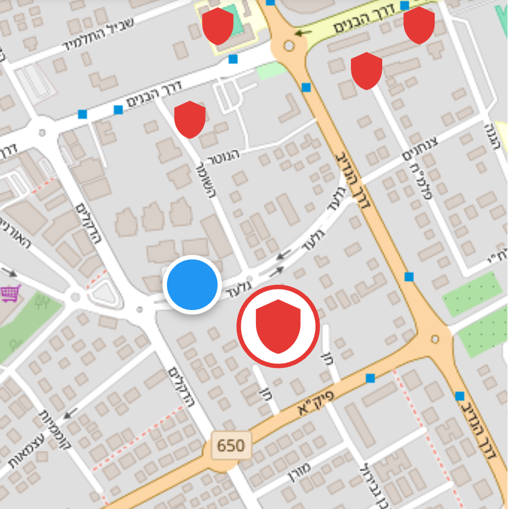 Miklat Map interface showing nearby bomb shelters
